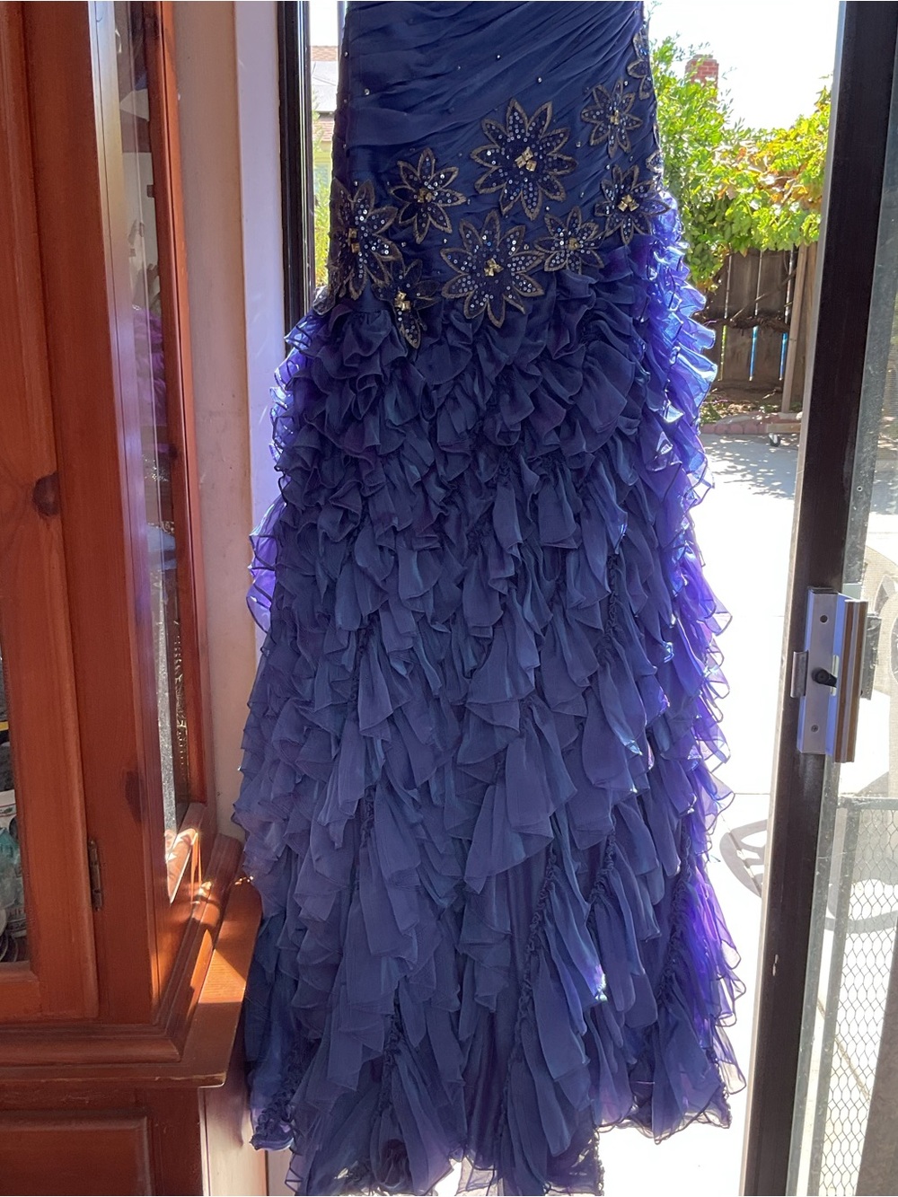 BICICI.  Royal Purple Ruffled Beaded Evening Gown